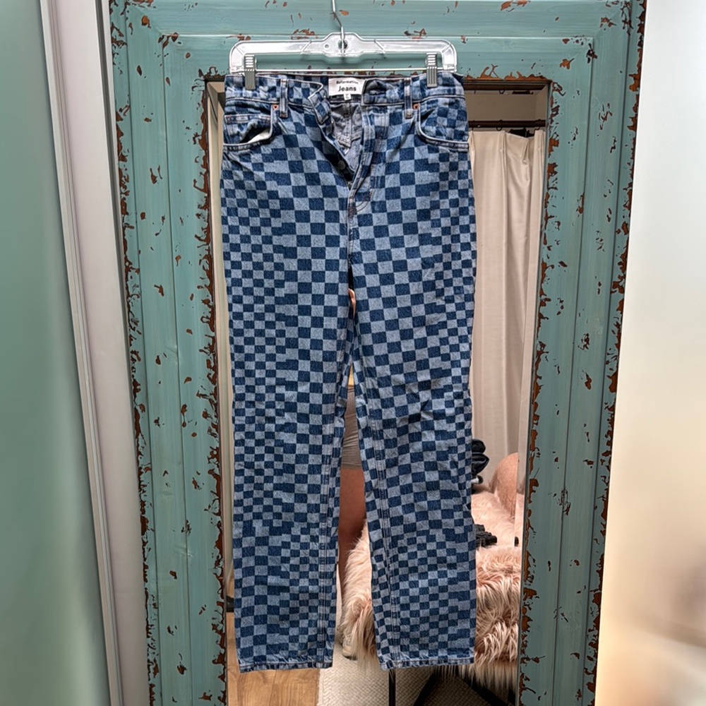 Reformation Blue Checkerboard Straight Leg Jeans